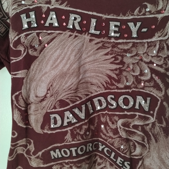 Harley Davidson Eagle Stud Rhinestones Womens Biker Burgundy Red L Shirt USA - Picture 2 of 10